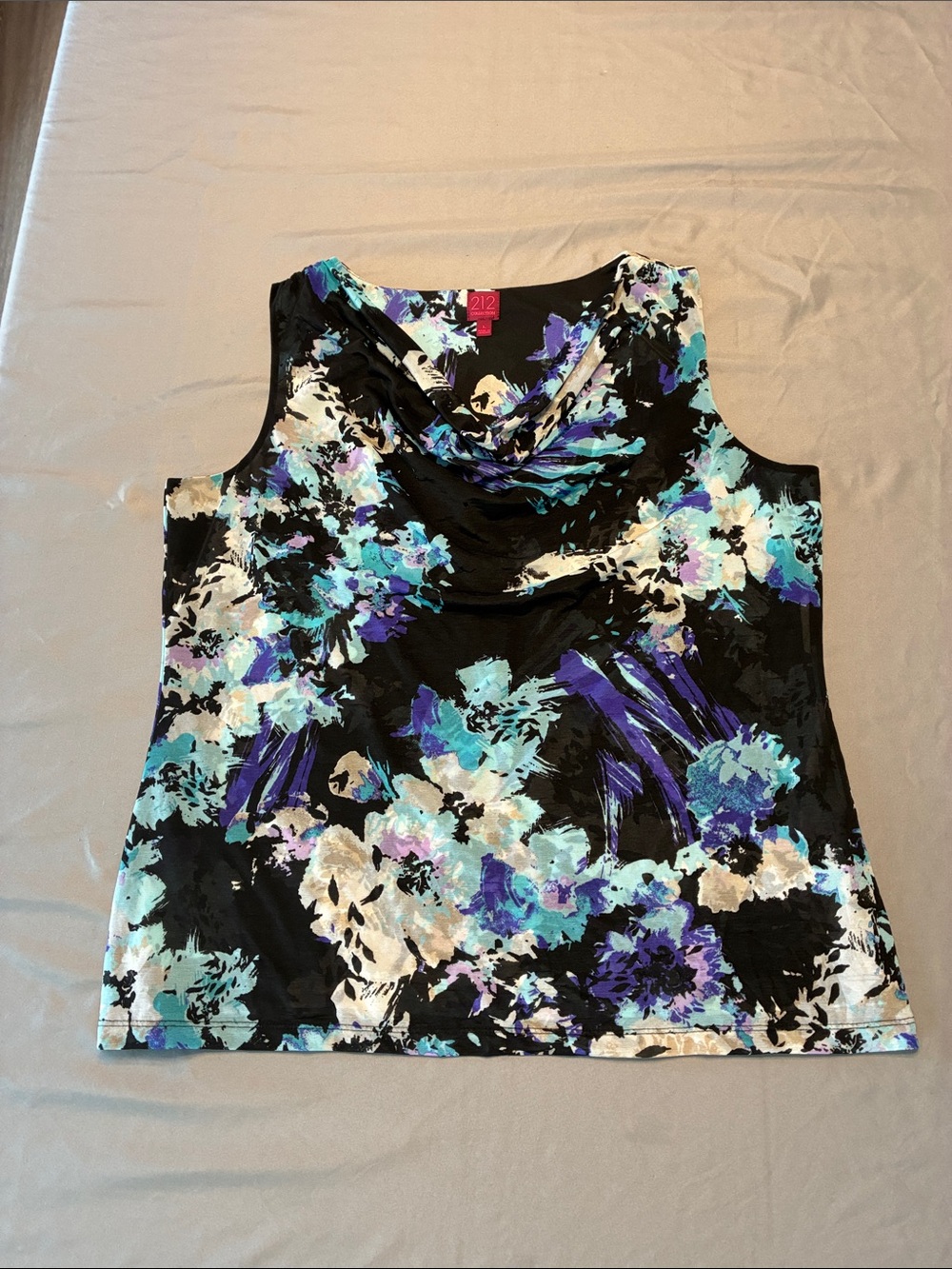 212 Collection Black Floral Cowl Neck Tank with Aqua, Teal & Purple Accents